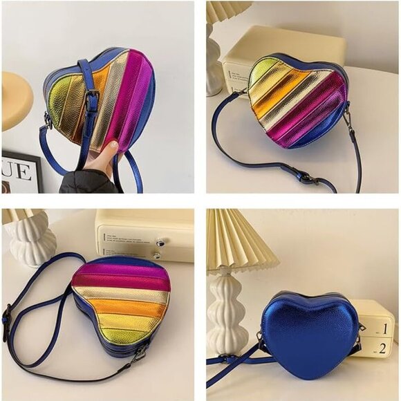 Rainbow Heart Shaped Crossbody Bag Womens Color Block Compact Trend - Picture 2 of 7